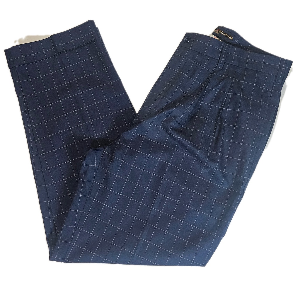 Tommy Hilfiger Pants Mens 36x30 Blue Plaid Dress Pants Chambray Pleated